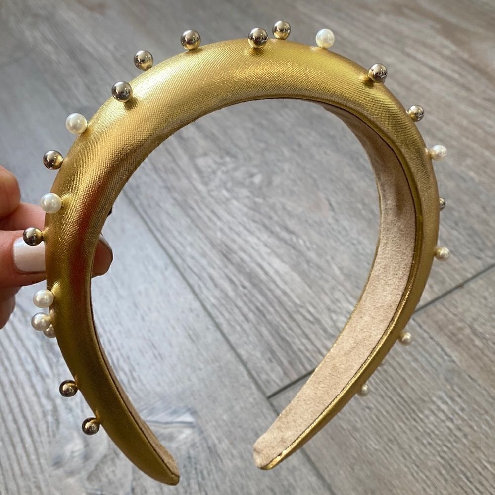 Gold Faux Vegan Leather Padded Headband w Pearl Studs